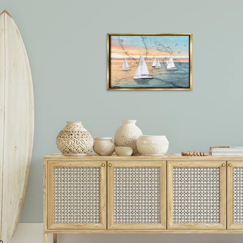 Stupell Nautical Ships & Vintage Map Framed Floater Canvas Wall Art Design By Amber Sterling