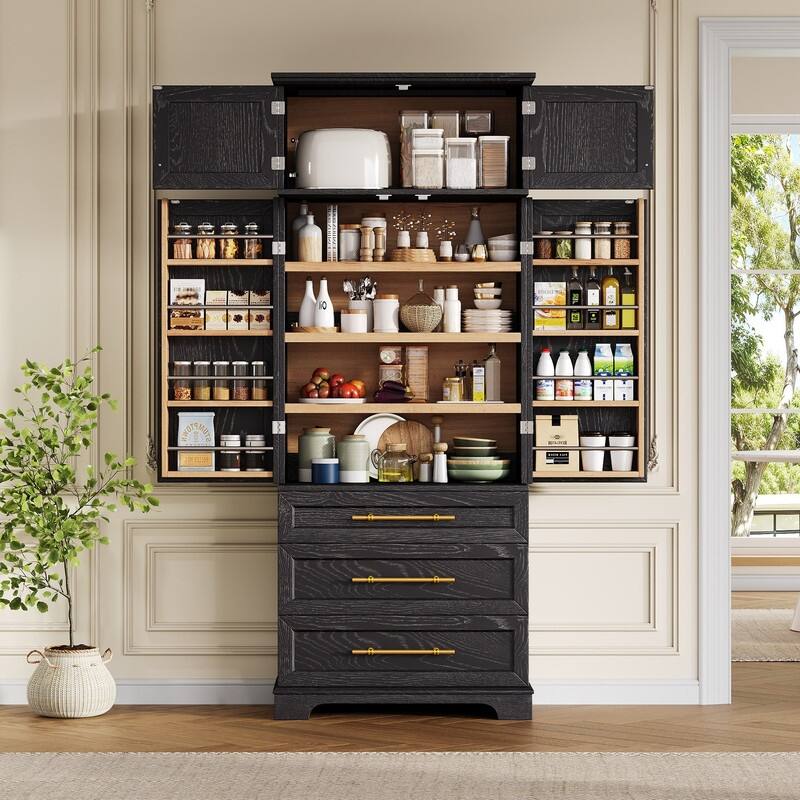 Farmhouse 78.2" Kitchen Pantry Cabinet with 4 Doors, 3 Adjustable Shelves and 3 Drawers