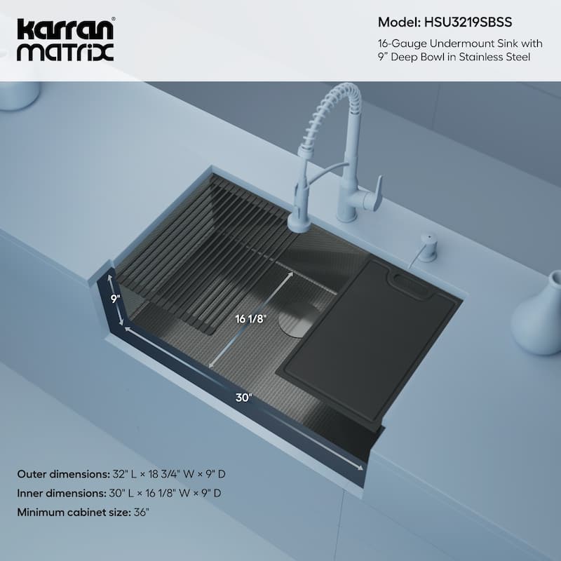 Matrix 32" Undermount Workstation 16 Gauge Single Bowl Stainless Steel Kitchen Sink with Accessories
