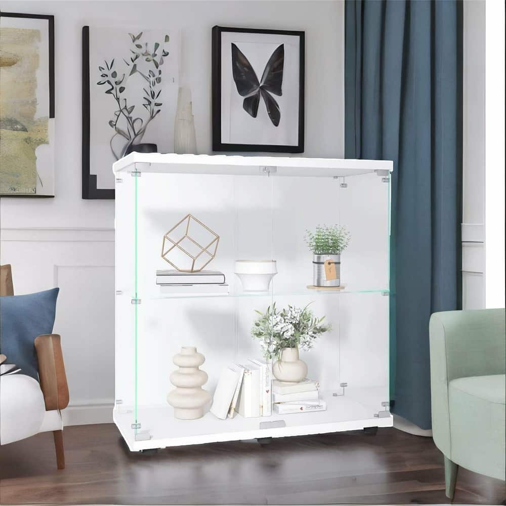 Two Door Glass Display Cabinet 2 Shelves for Living Room