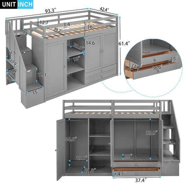 dimension image slide 1 of 2, Twin Size Functional Loft Bed with 2 Wardrobes, 2 Drawers, 3 Shelves and Storage Staircase, Solid Wood Bed Frame with Guardrail