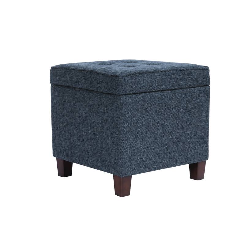 Hery 18 Inch Square Tray-Top Storage Ottoman in Navy Blue Woven Fabric
