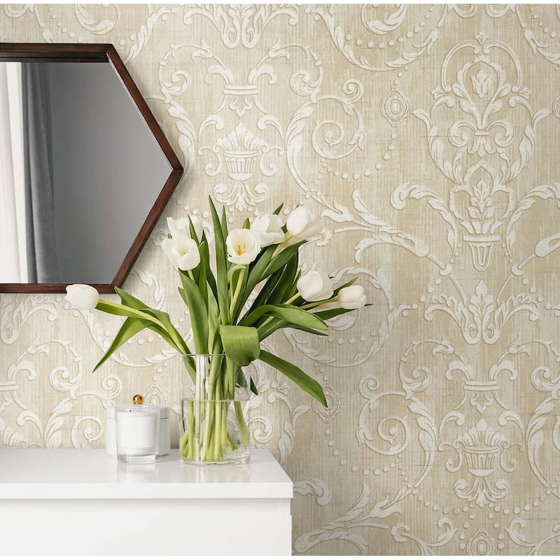 Seabrook Designs Primrose Striped Scroll Damask Unpasted Wallpaper - 20.5 in. W x 33 ft. L bolt 56 sq. ft.