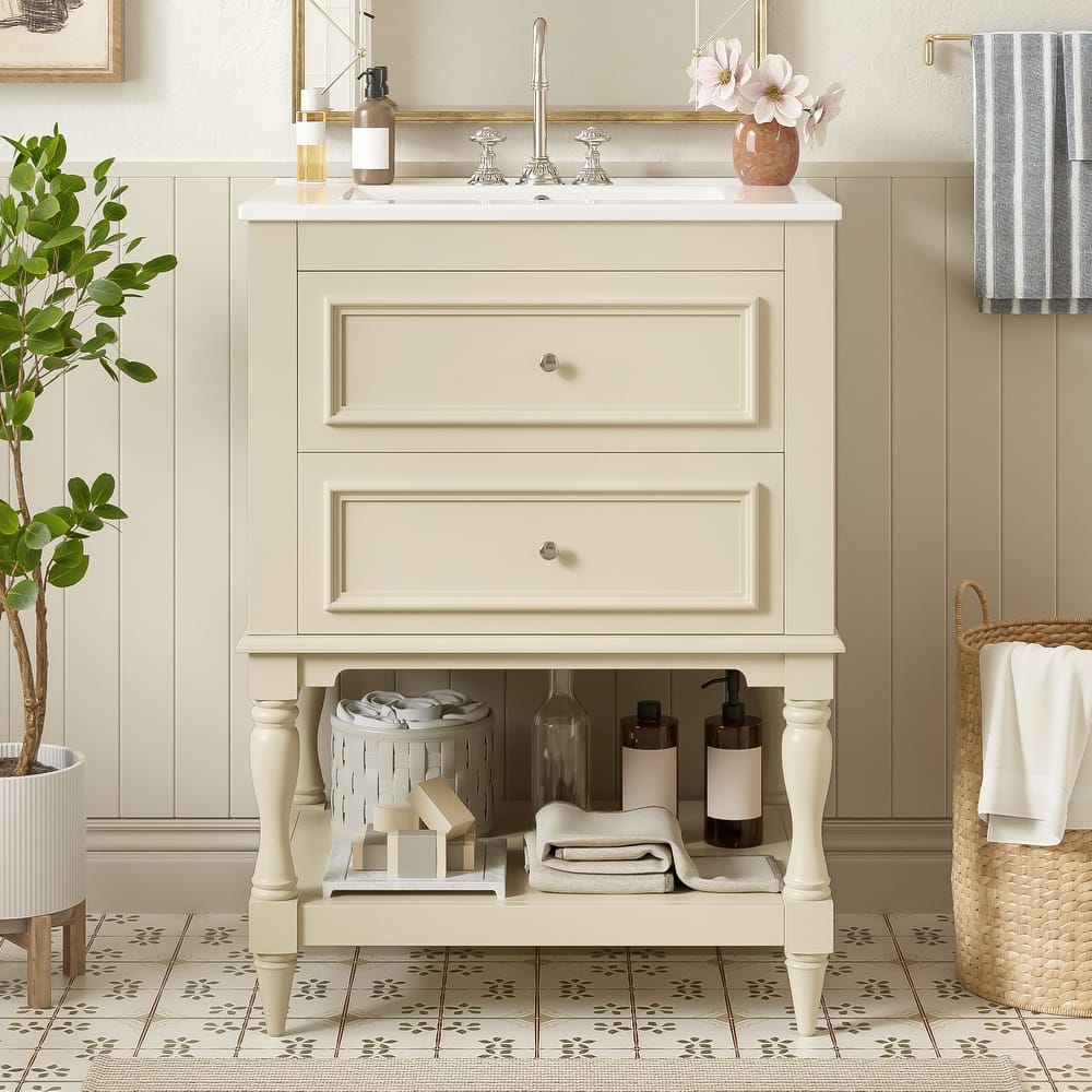 24" Retro Bathroom Vanity with Ceramic Sink & 2 Drawers - Solid Wood Storage Cabinet with Open Shelf