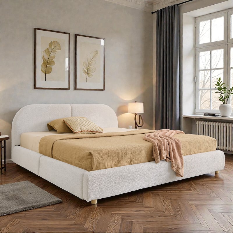 Upholstered Bed Frame with Tall Curved Headboard and Storage Drawers, Modern Minimalist Platform Bed No Box Spring - Beige - Queen