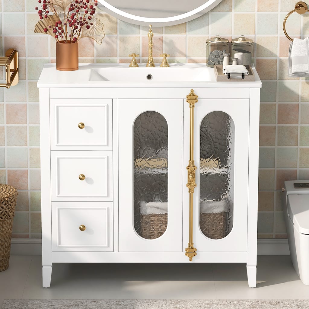 Freestanding Bathroom Vanity Cabinet with Translucent Patterned Glass Doors, Delicate Gold Handle, Side Open Shelves and Drawers