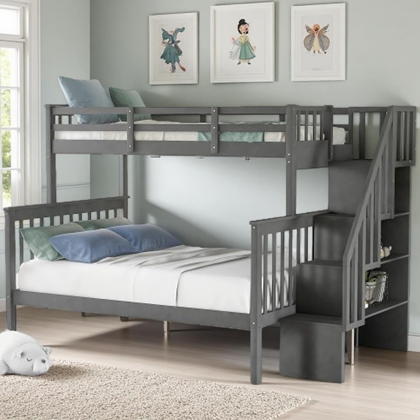 Twin Over Full Bunk Bed with Storage Stairs and Full-Length Safety Rails, Solid Wood Frame, Space-Saving Design