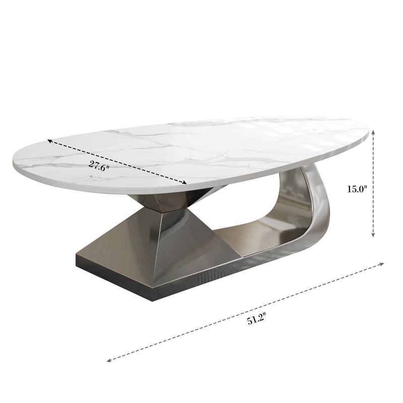 GDFStudio - Contemporary 51.2" Oval Sintered Stone Coffee Table with Sculptural Stainless Steel Base