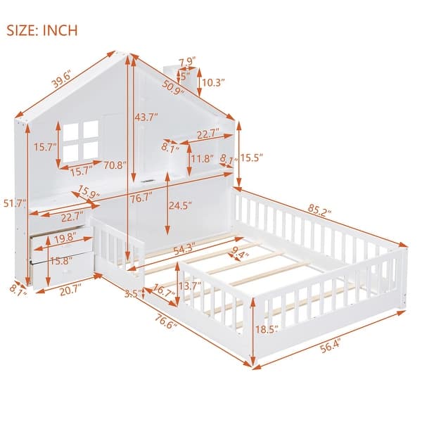 dimension image slide 0 of 2, Full Size House Bed with Window and Bedside Drawers
