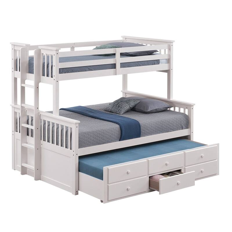 Twin Over Full Bunk Bed with Trundle and 3 Drawers, White Solid Wood, Versatile Storage