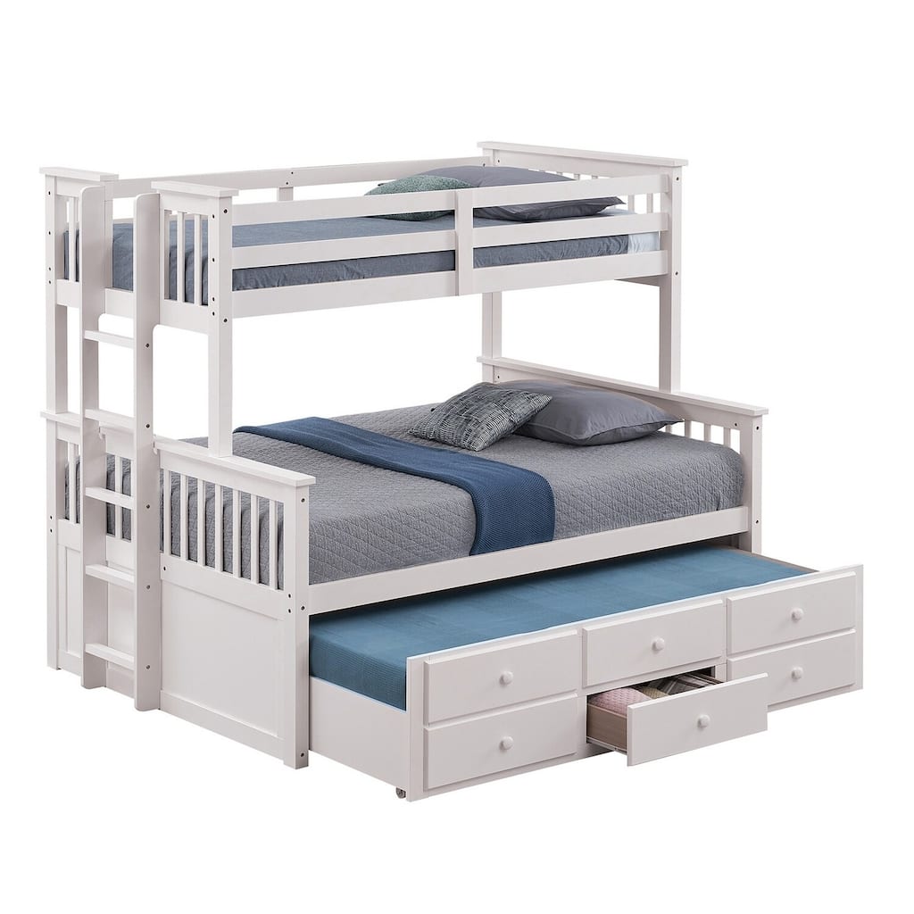 Twin Over Full Bunk Bed with Trundle and 3 Drawers, White Solid Wood, Versatile Storage