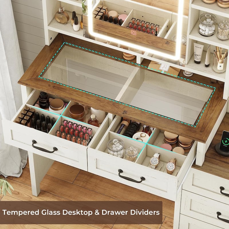 Farmhouse Vanity Desk with Lights & Power Strip Drawers Cabinets