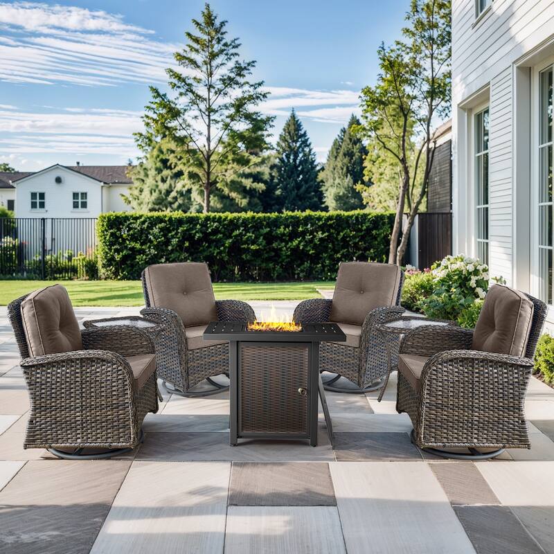 Outdoor Fire Pit Table with Chairs Set - Brwon Wicker Grey Cushion - 7PCS Swivel Chair Table w/ Fire Table