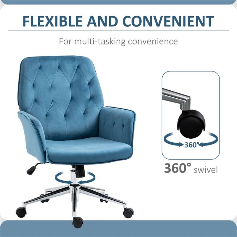 Velvet Office Chair with Adjustable Height Swivel Wheels - 26" W x 27.25" D x 35.25"-38.25" H