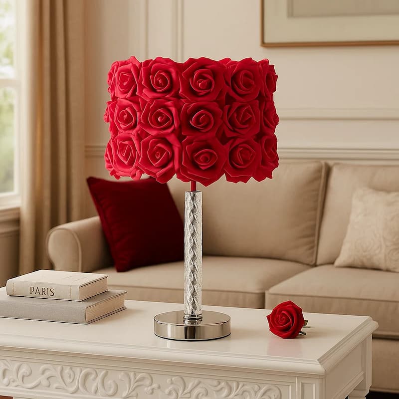 Bloom Roses Drum Shade Table Lamp with Twisted Acrylic Base, Red