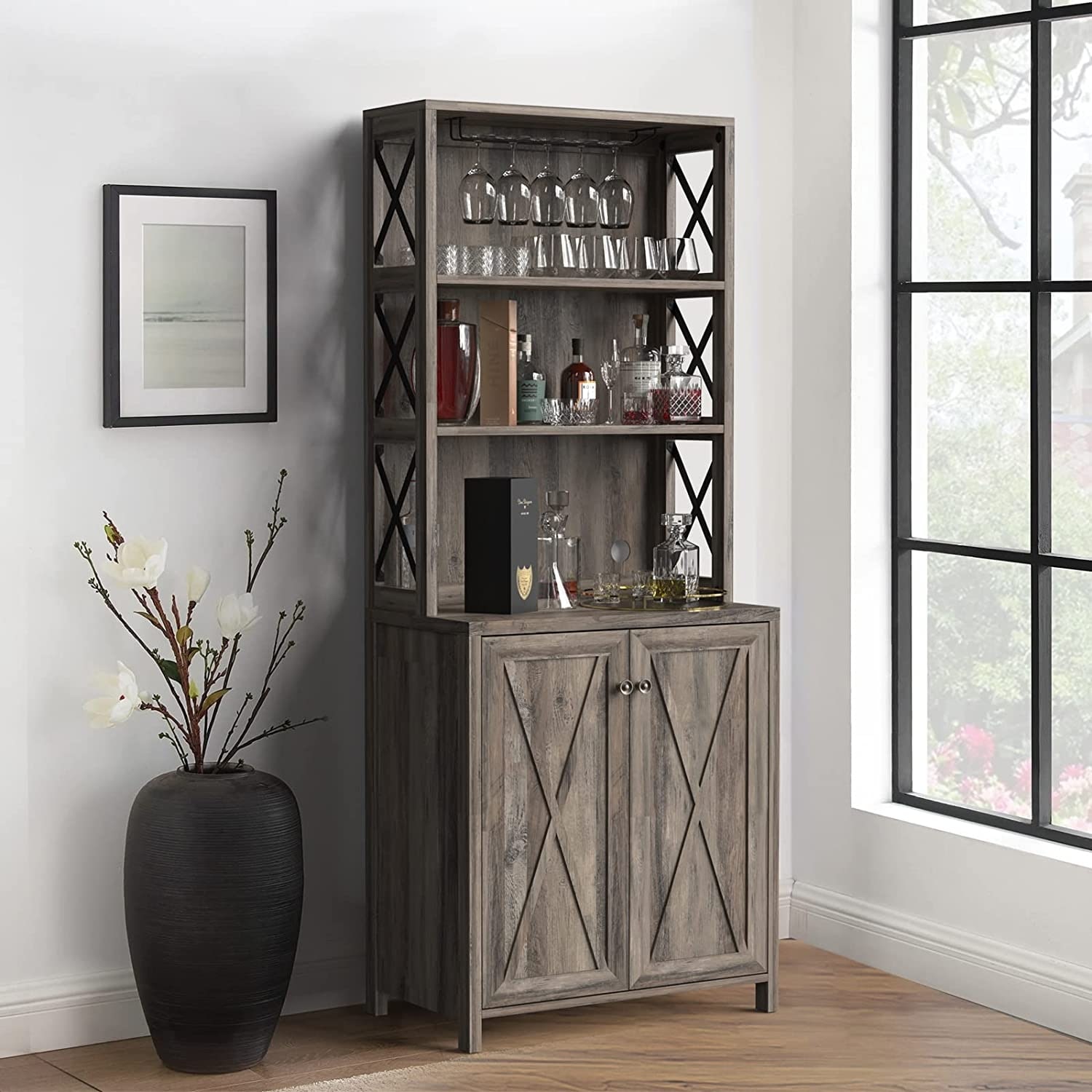 Wedealfu Inc Farmhouse Bar Cabinet for Liquor and Glasses for Dining Room Kitchen Cabinet with Wine Rack, Size: Grey