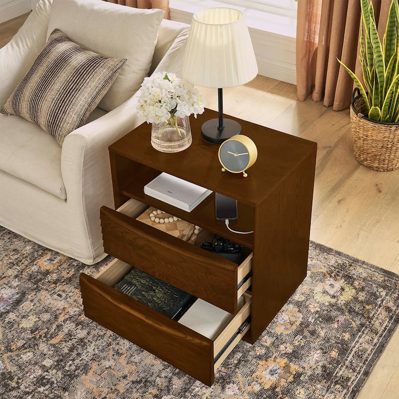 Mid Century Nightstand with Charging Station,Outlet,and 2 Wood Drawers,Louver Design for Living Room,Dorm