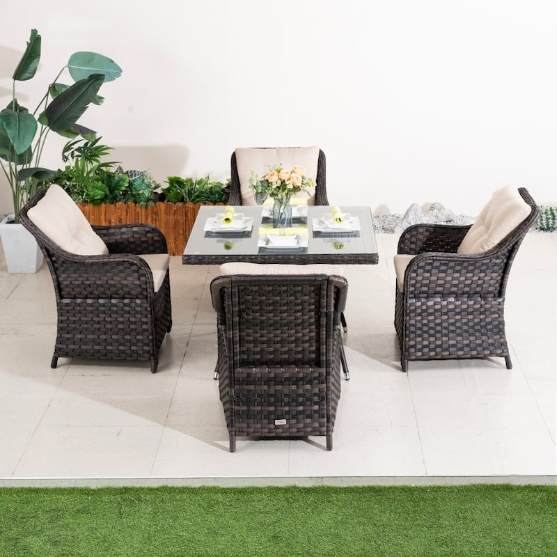 Outdoor 5-piece Square PE Rattan Dining Table and Chairs with Tempered Glass - Brown