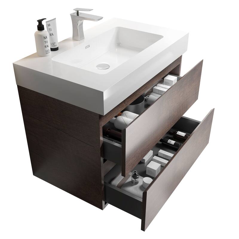 GDFStudio - Naomi Modern Floating Bathroom Vanity with Soft-Close Drawers and Pre-Assembled One-Piece Sink Basin