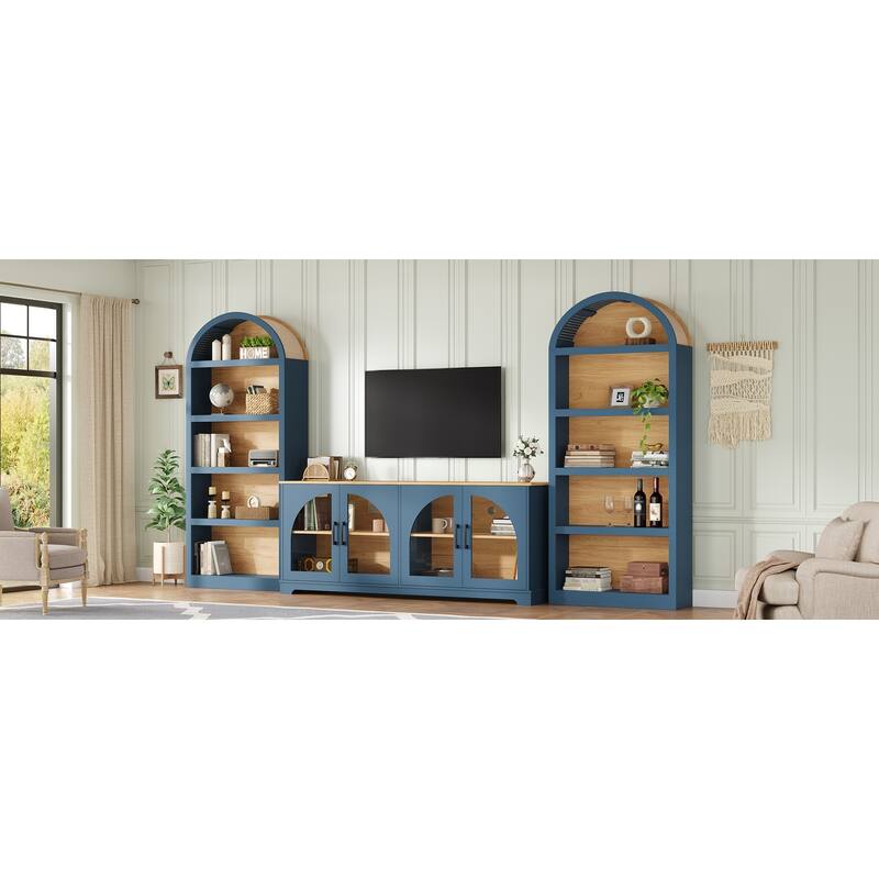 3-Piece Retro Entertainment Center for TVs up to 70", Two-Tone Farmhouse TV Stand with Sideboard & Bookshelf
