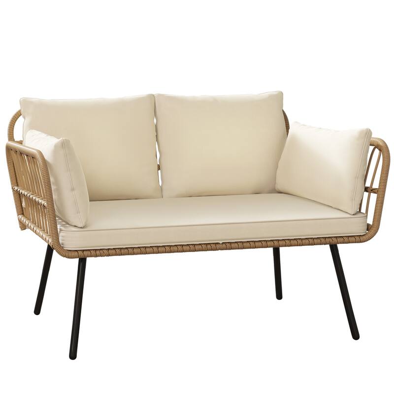 Moasis Outdoor Patio Loveseat Sofa,All-Weather Wicker Rattan 2 Seater Sofa with Cushions & Lumbar Pillows - Beige