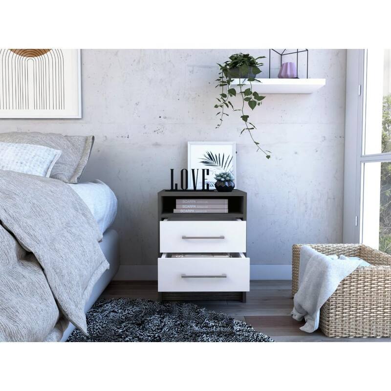 20-inch Nightstand with Two Drawers, Open Shelf, and Metal Handles in Smokey White