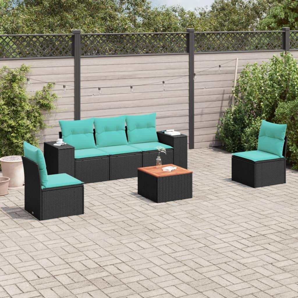 vidaXL 6 Piece Patio Sofa Set with Cushions Black Poly Rattan - 21.7 x 24.4 x 27.2