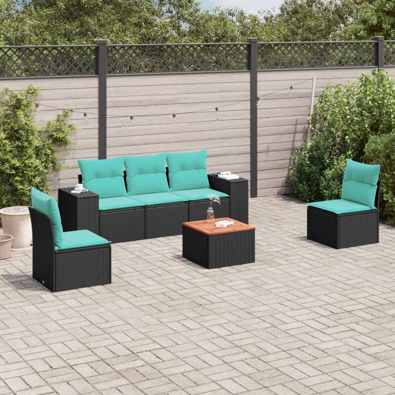 vidaXL 6 Piece Patio Sofa Set with Cushions Black Poly Rattan - 21.7 x 24.4 x 27.2