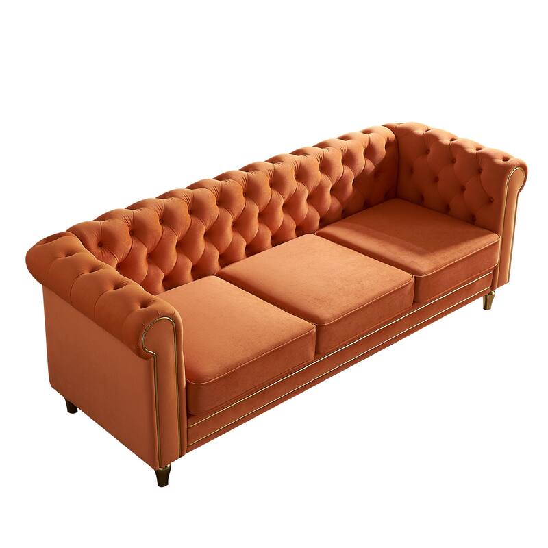 Velvet Chesterfield Sofa, 3-Seater with Rolled Arms, Tufted Back, Metal Legs for Living Room