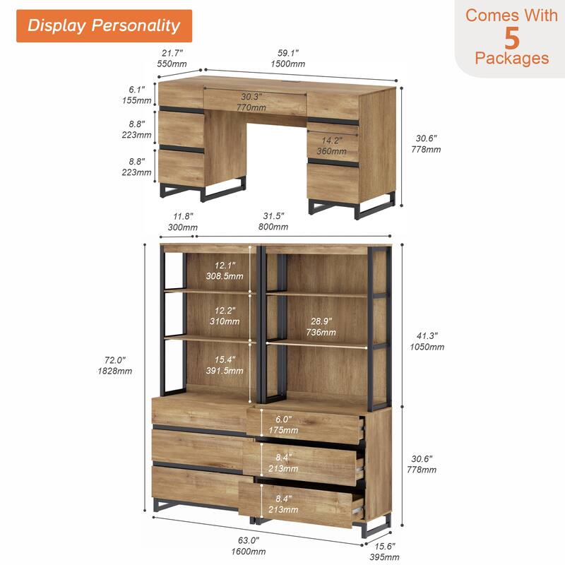 59In Modern Executive Desk With Charging Station & Drawers And 2 PCS 72In Tall BookcasesFor Living Room, Bedroom