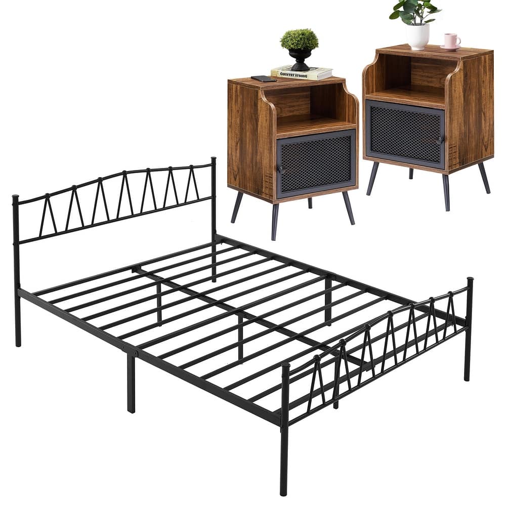 Industrial 3 Piece Bedroom Set Black Platform Bed Frame and Modern Brown Nightstands Set of 2