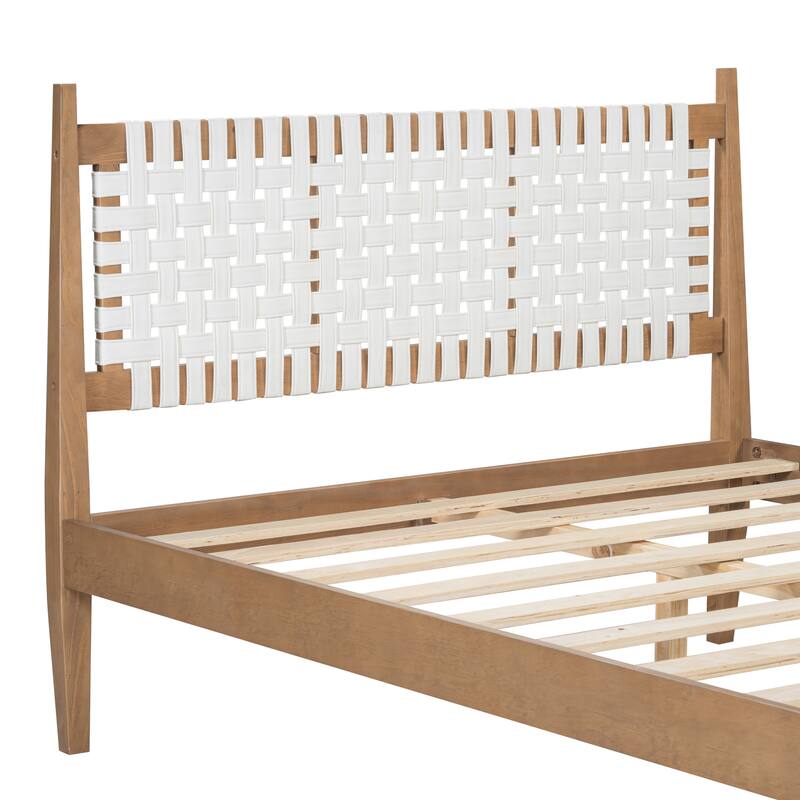Queen Bed with Woven White Leather back - White+Natural