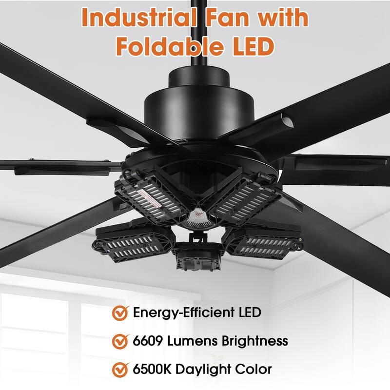 84" Industrial Matte Black HVLS Large Ceiling Fan with Foldable Light and Remote