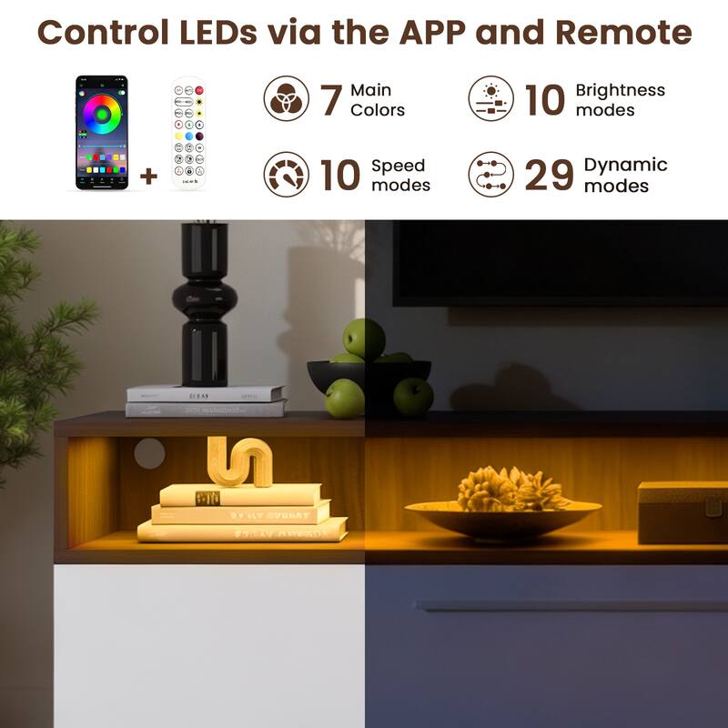 Meyreso 70.8" Modern High Gloss White & Walnut TV Stand with LED Lighting and Open Storage - 70 inches