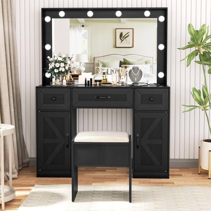 43.3'' Wide Makeup Vanity Dressing Table with Adjustable Lighted Mirror and Stool, Power Outlet