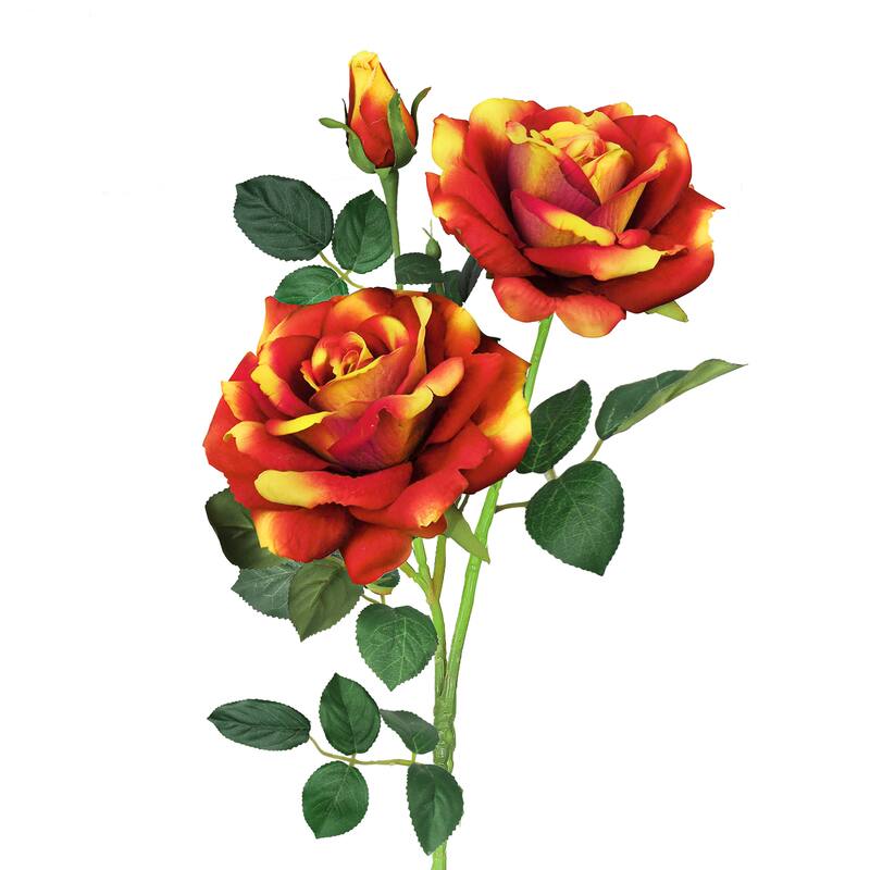 Set of 2 Orange Yellow Artificial Velvet Elegant Rose Flower Stem Spray 32in - 32" L x 7" W x 7" DP