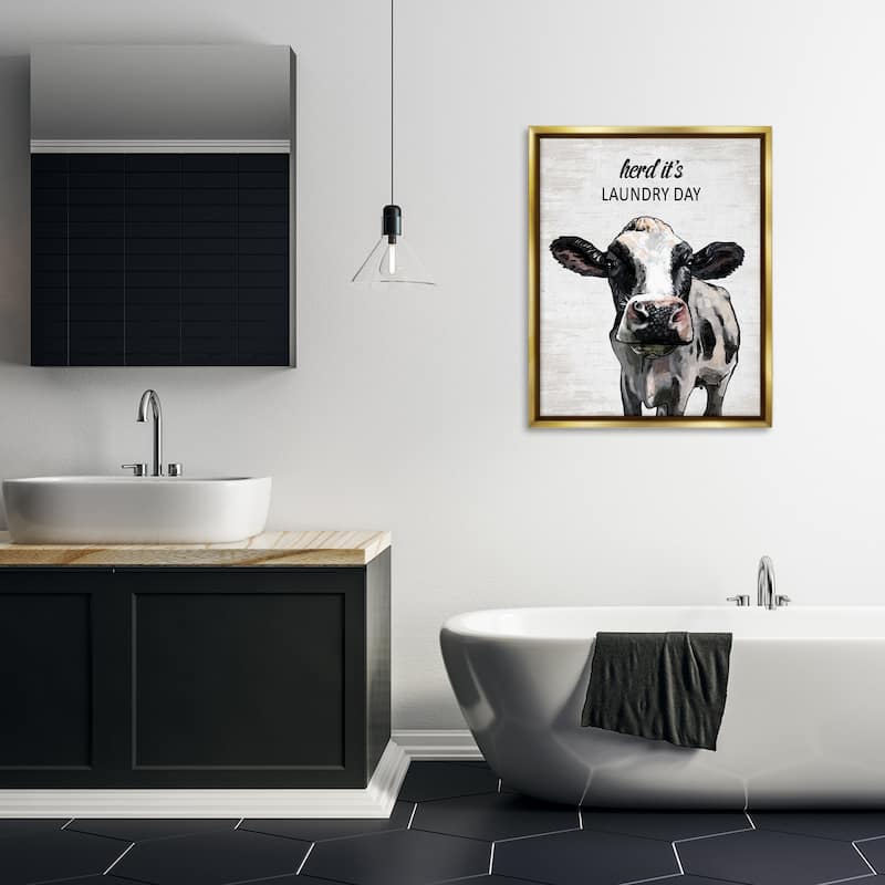Stupell Herd It's Laundry Day Cow Framed Floater Canvas Wall Art Design By Lettered and Lined