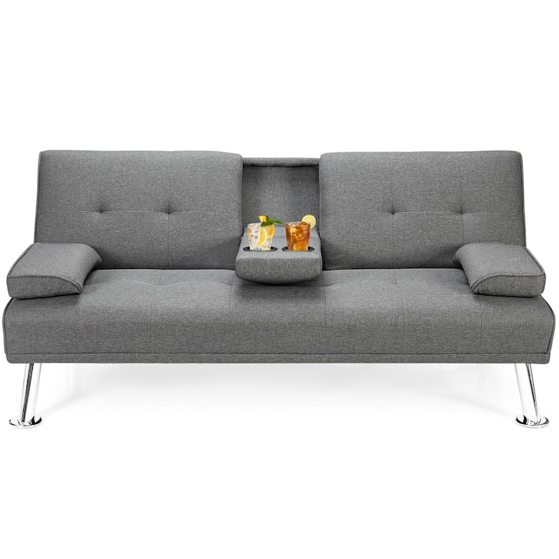 Gymax Fabric Folding Convertible Futon Sofa Bed with 2 Cup Holders - See Details - Light Grey