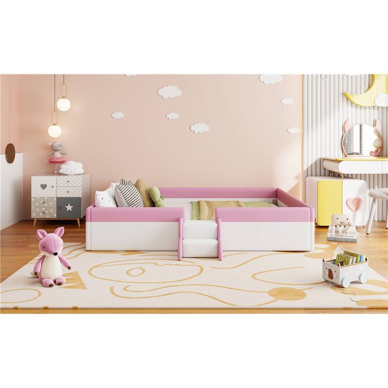 Roomfitters Twin/Full/Queen/King Size Upholstered Daybed Frame with Safety Fence and Stairs, PU Fabric Platform Bed with Slats