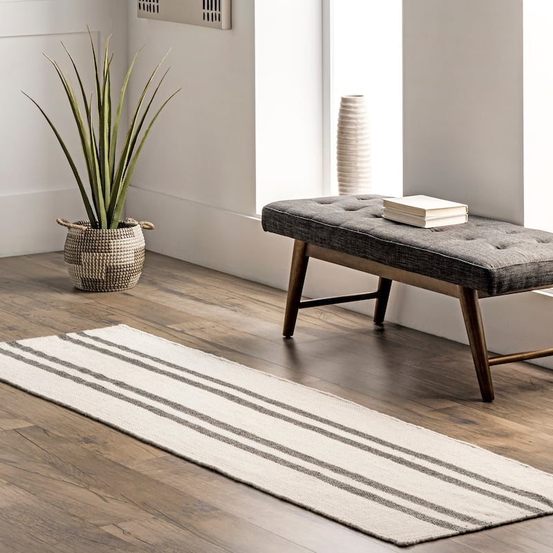 Elowen Double Striped Wool Area Rug - 2' x 8' - Ivory