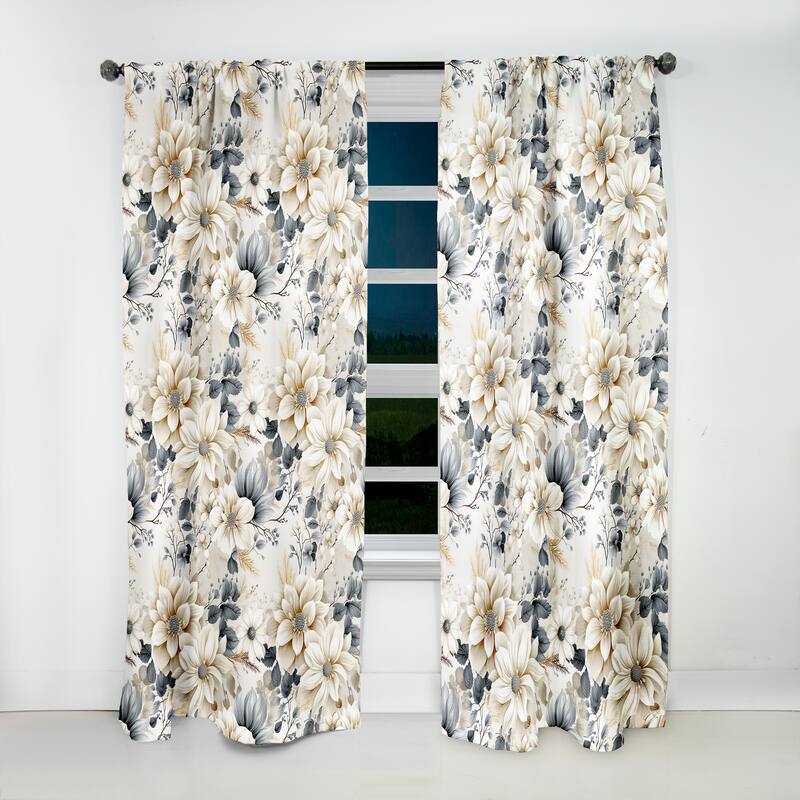 Designart "Ethereal White Chrysanthemum Boho Pattern II" Floral Blackout Curtain For Living Room Décor