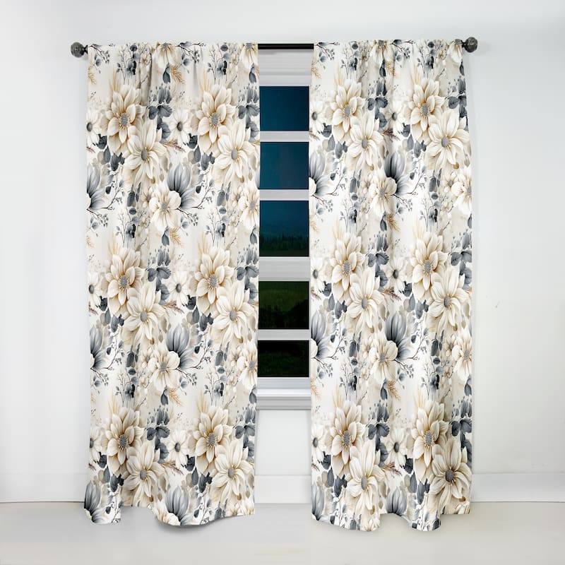 Designart "Ethereal White Chrysanthemum Boho Pattern II" Floral Curtain For Living Room Décor