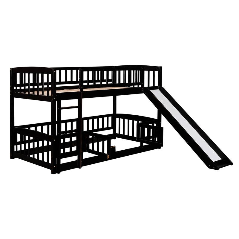 Twin Over Twin Low Bunk Bed with Slide, Fence and Ladder for Kids & Teens - Espresso