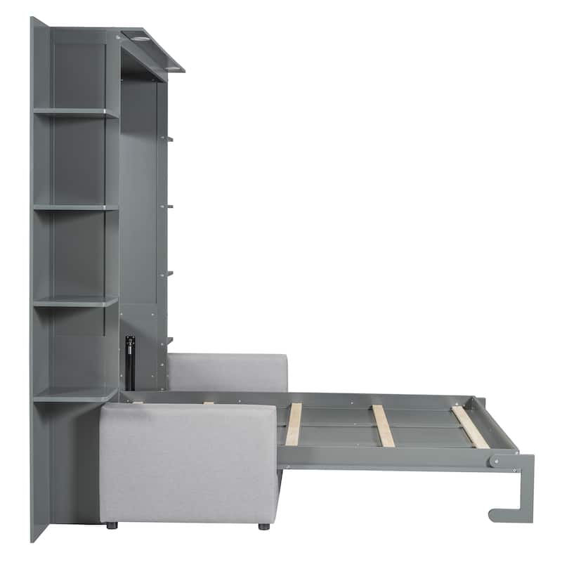 Queen Size Murphy Bed Sofa Sleep Storage 3 in 1 Folding Bed Multi-Functional LED Wall Bed for Studio Guest Room Sofa w/ Cushion