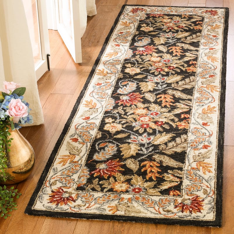 SAFAVIEH Handmade Chelsea Malda French Country Floral Wool Rug - 2'6" x 20' Runner - Black