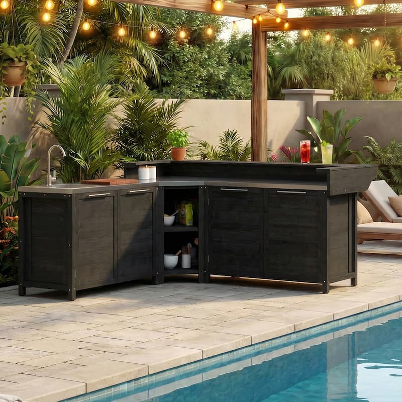 Outdoor BBQ Kitchen Cabinet Set, 100% Solid Wood Patio Kitchen Storage Stainless Steel Countertop