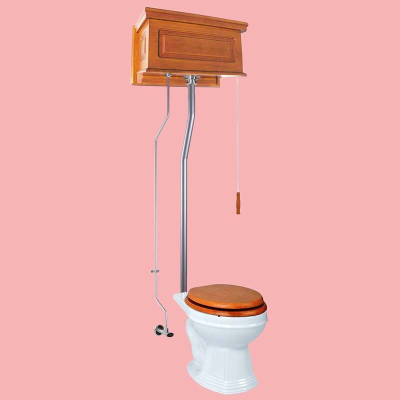 High Tank Toilet - Light Mahogany Raised Tank, Satin Plated L Pipe and Round White Bowl Renovators Supply
