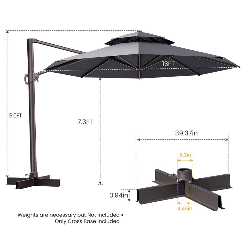 10 FT x 13 FT Outdoor Luxury Solar LED Patio Cantilever Umbrella With Base