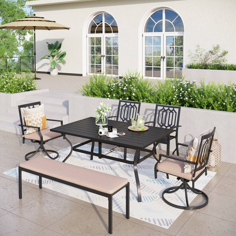 MAISON ARTS 6-Piece Patio Dining set with 1 Rectangle Steel Table, 2 Swivel Chairs, 2 Stackable Chairs and 1 Bench - Fashion Chairs