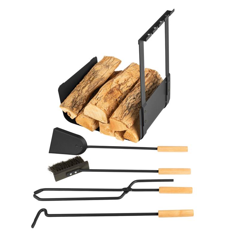 Lavish Home 5PC Fireplace Tool Set with Firewood Rack Stand (Black)
